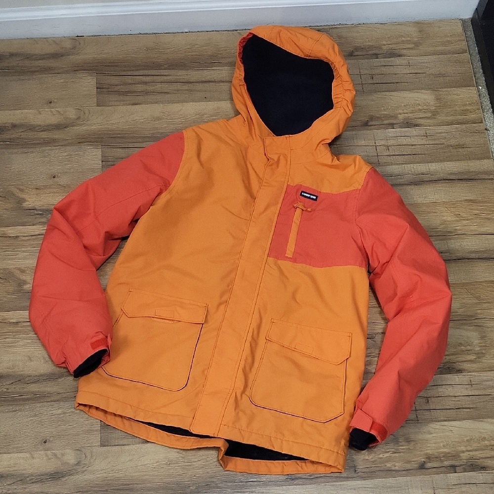 LANDS' END Boy's Squall Orange Fleece Lined Grow-A-Longs Hooded Jacket